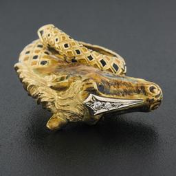Vintage 18K Gold Detailed 3D Horse Head Band Ring w/ Enamel Work & Diamond