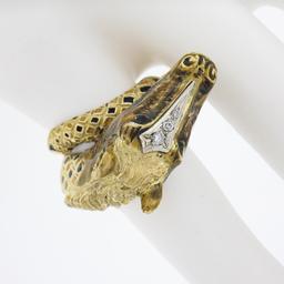 Vintage 18K Gold Detailed 3D Horse Head Band Ring w/ Enamel Work & Diamond