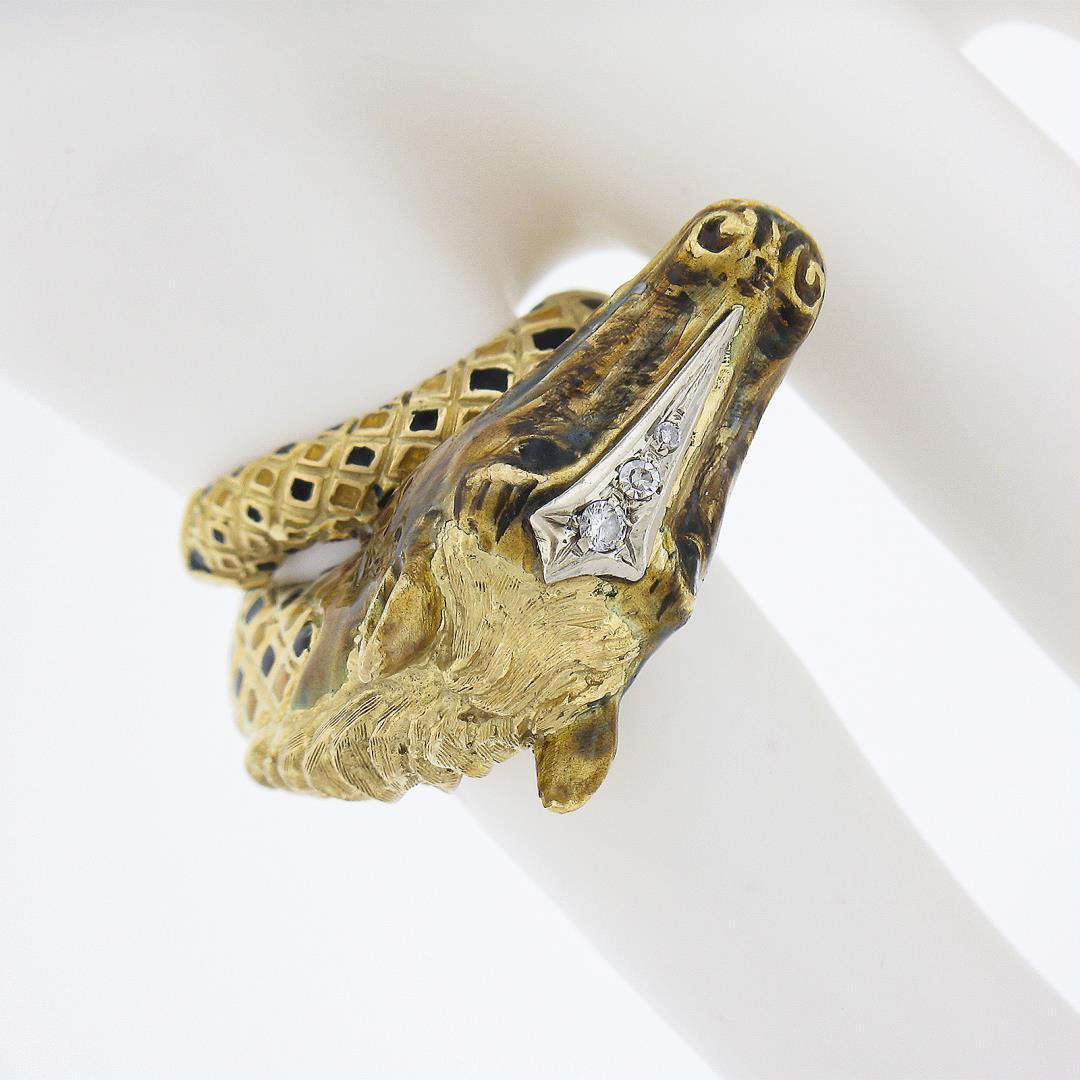 Vintage 18K Gold Detailed 3D Horse Head Band Ring w/ Enamel Work & Diamond