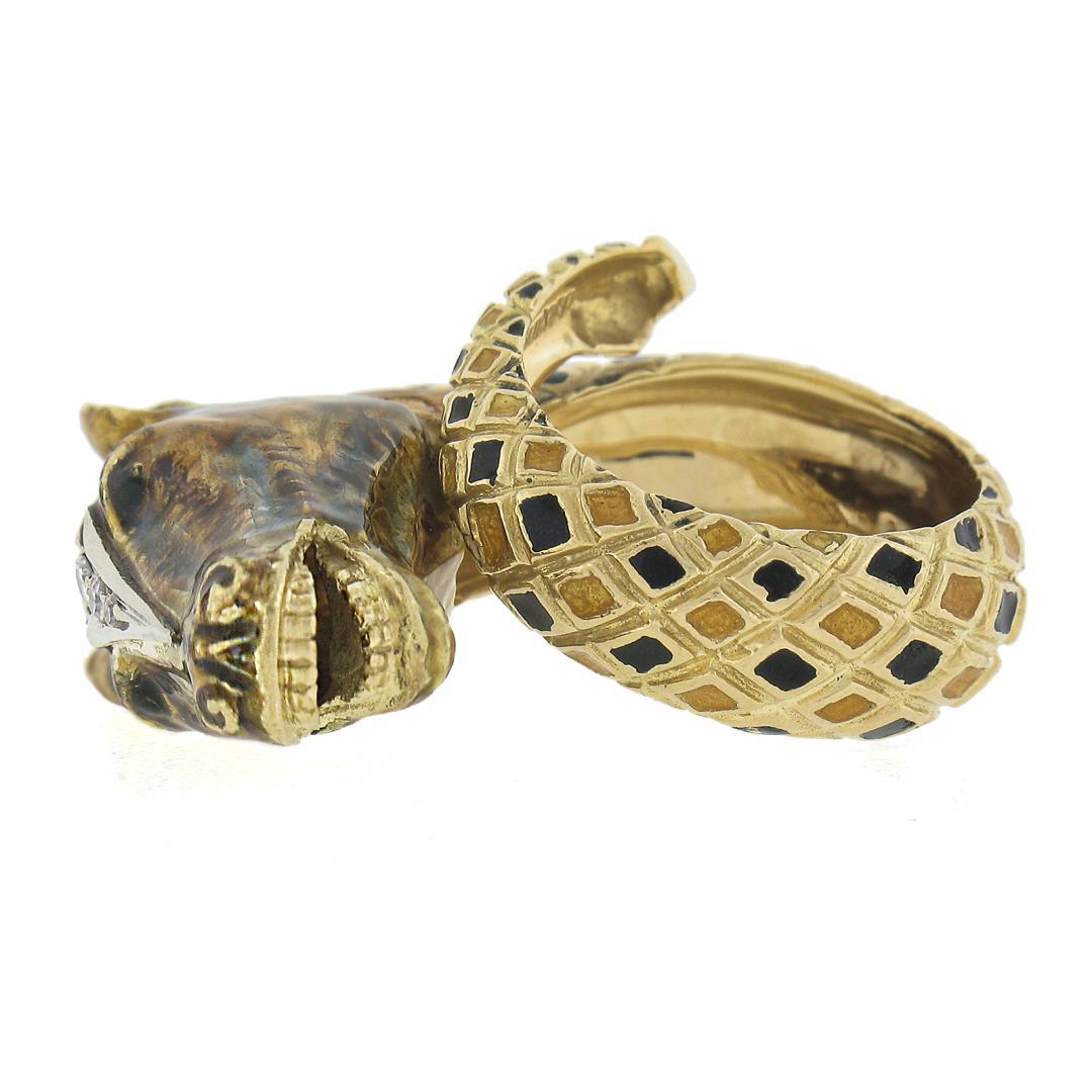 Vintage 18K Gold Detailed 3D Horse Head Band Ring w/ Enamel Work & Diamond