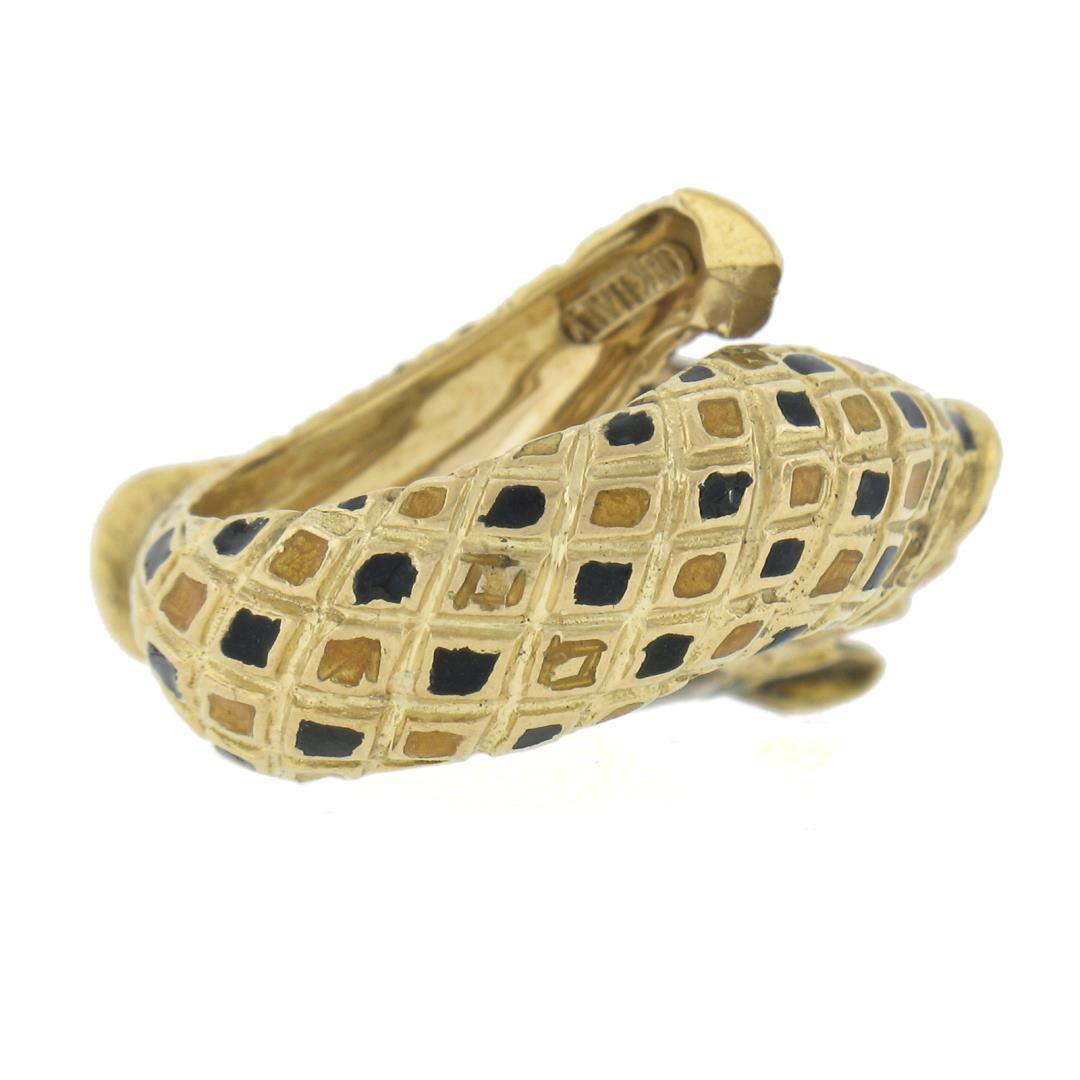 Vintage 18K Gold Detailed 3D Horse Head Band Ring w/ Enamel Work & Diamond