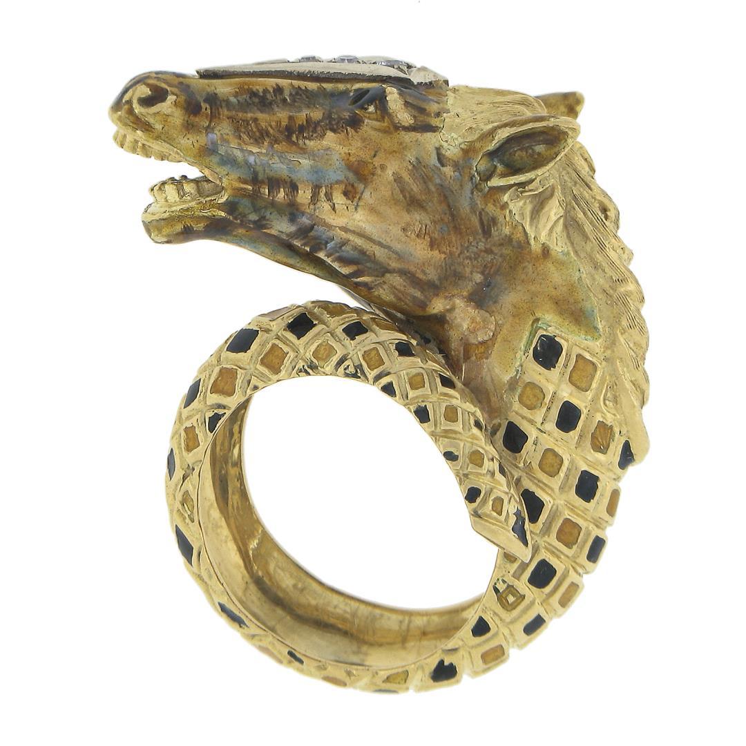 Vintage 18K Gold Detailed 3D Horse Head Band Ring w/ Enamel Work & Diamond
