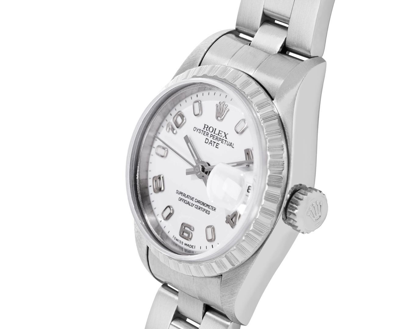 Rolex Ladies Quickset Sapphire White Arabic Dial Date Wristwatch With Rolex Box