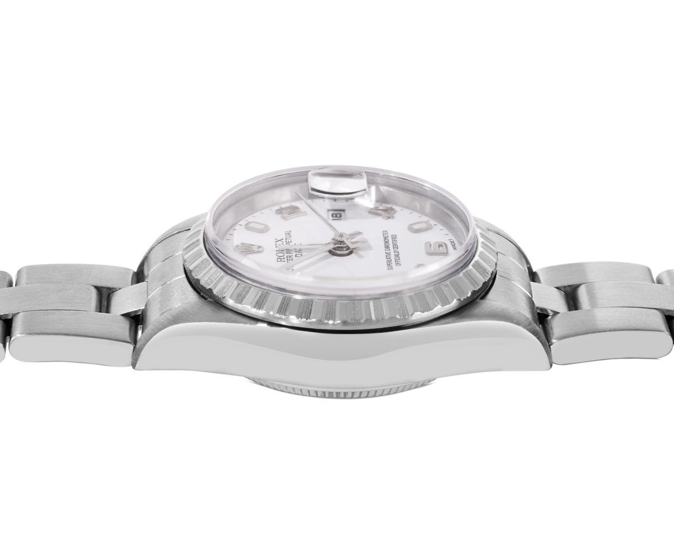 Rolex Ladies Quickset Sapphire White Arabic Dial Date Wristwatch With Rolex Box