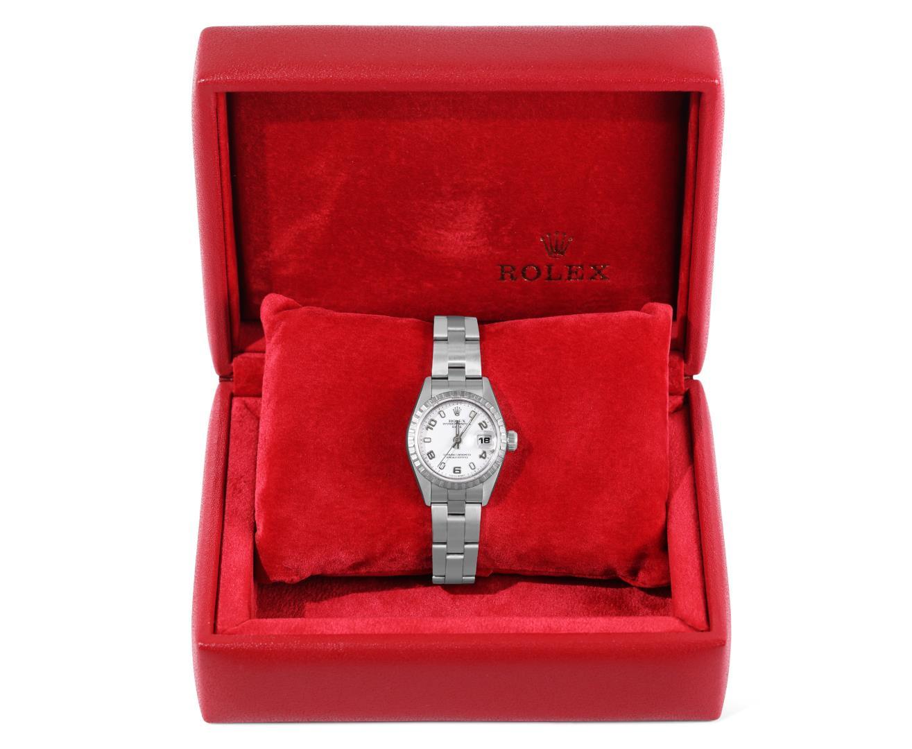 Rolex Ladies Quickset Sapphire White Arabic Dial Date Wristwatch With Rolex Box