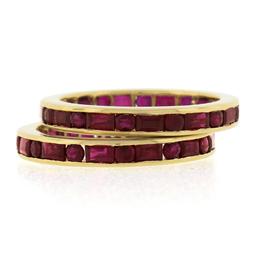 Pair of 18k Gold Channel GIA Vivid Red Burma Ruby Eternity Stack Band Guard Ring