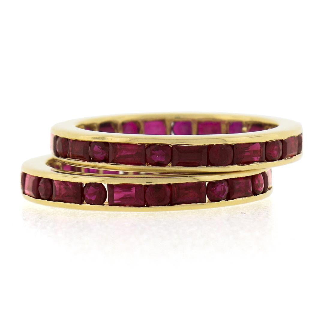 Pair of 18k Gold Channel GIA Vivid Red Burma Ruby Eternity Stack Band Guard Ring