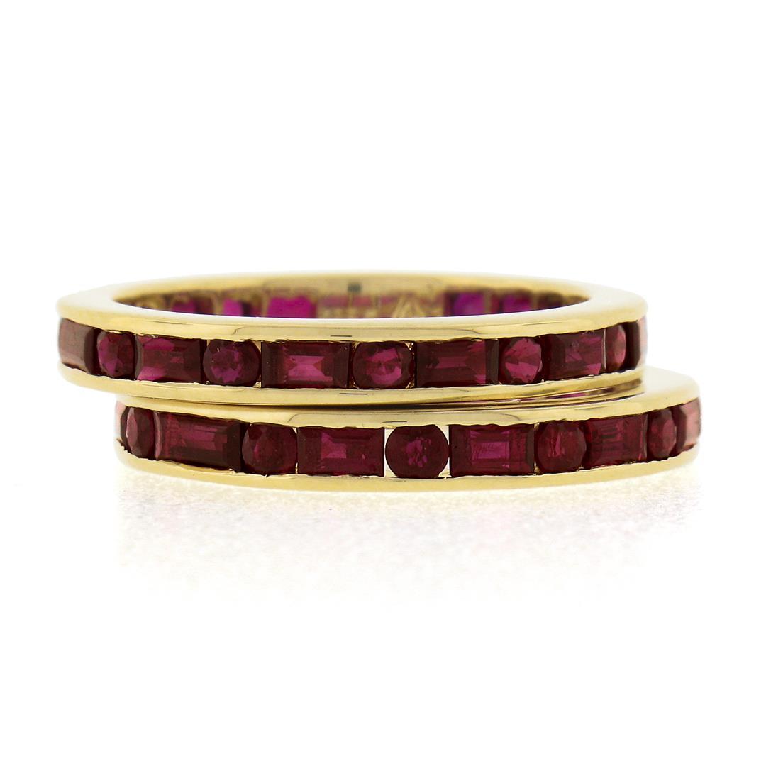Pair of 18k Gold Channel GIA Vivid Red Burma Ruby Eternity Stack Band Guard Ring