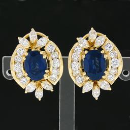 Vintage 18k Yellow Gold 12.90 ctw GIA Oval Sapphire & Diamond Statement Earrings