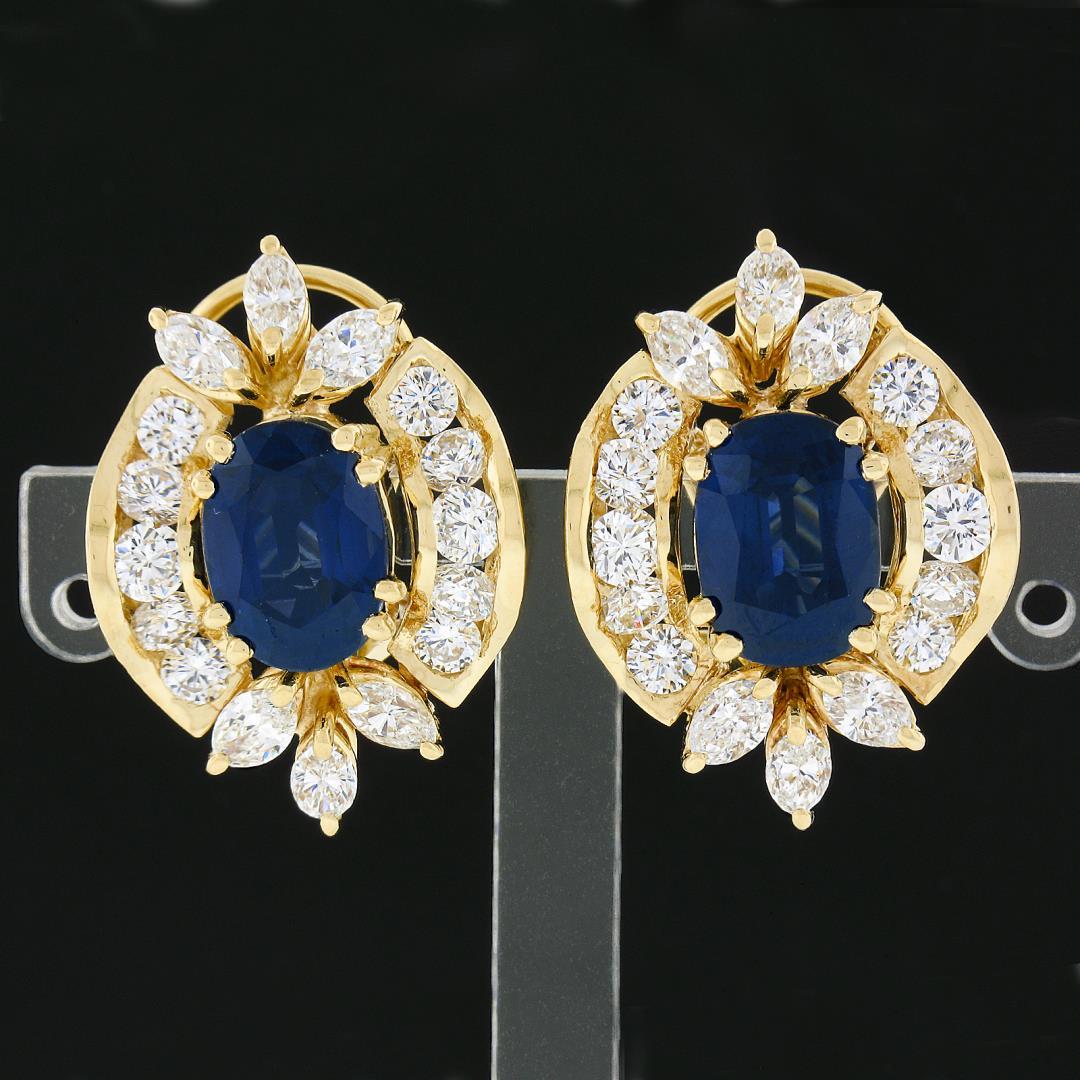 Vintage 18k Yellow Gold 12.90 ctw GIA Oval Sapphire & Diamond Statement Earrings