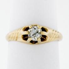 Antique Victorian 14K Gold.40 ctw Cushion Old Mine Diamond Belcher Solitaire Rin