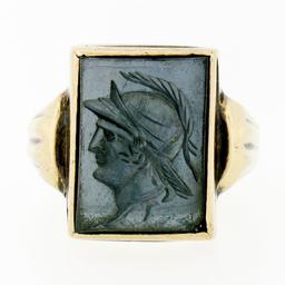 Antique Mens 10K Yellow Gold Rectangular Carved Hematite Intaglio Solitaire Ring