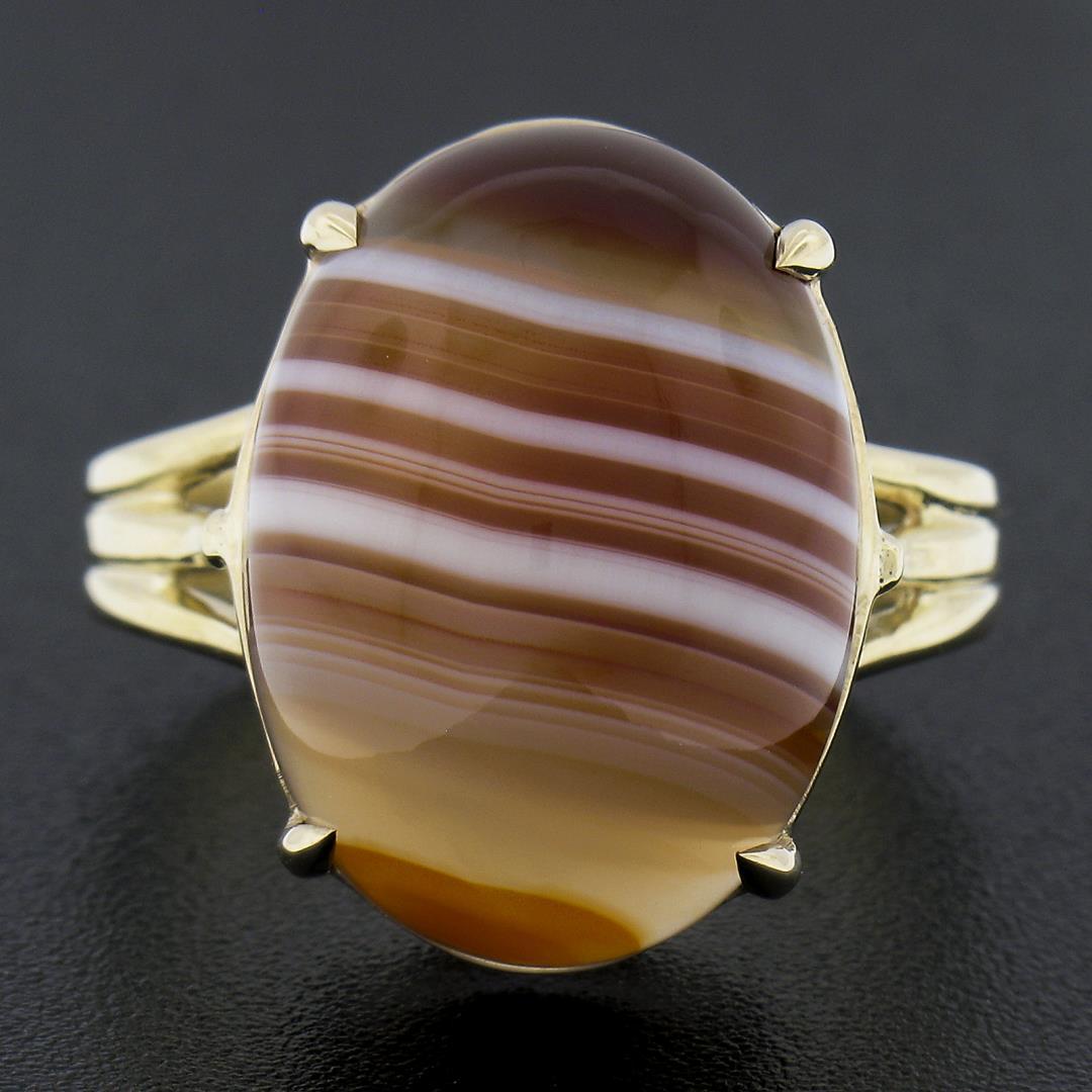 New 14k Yellow Gold 17x13mm Oval Cabochon Brown Banded Agate Solitaire Ring