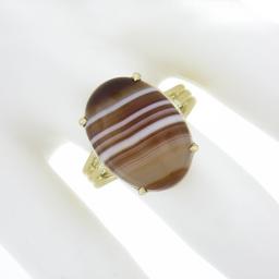 New 14k Yellow Gold 17x13mm Oval Cabochon Brown Banded Agate Solitaire Ring