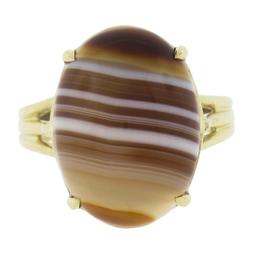 New 14k Yellow Gold 17x13mm Oval Cabochon Brown Banded Agate Solitaire Ring