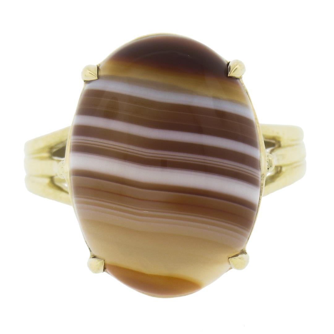 New 14k Yellow Gold 17x13mm Oval Cabochon Brown Banded Agate Solitaire Ring