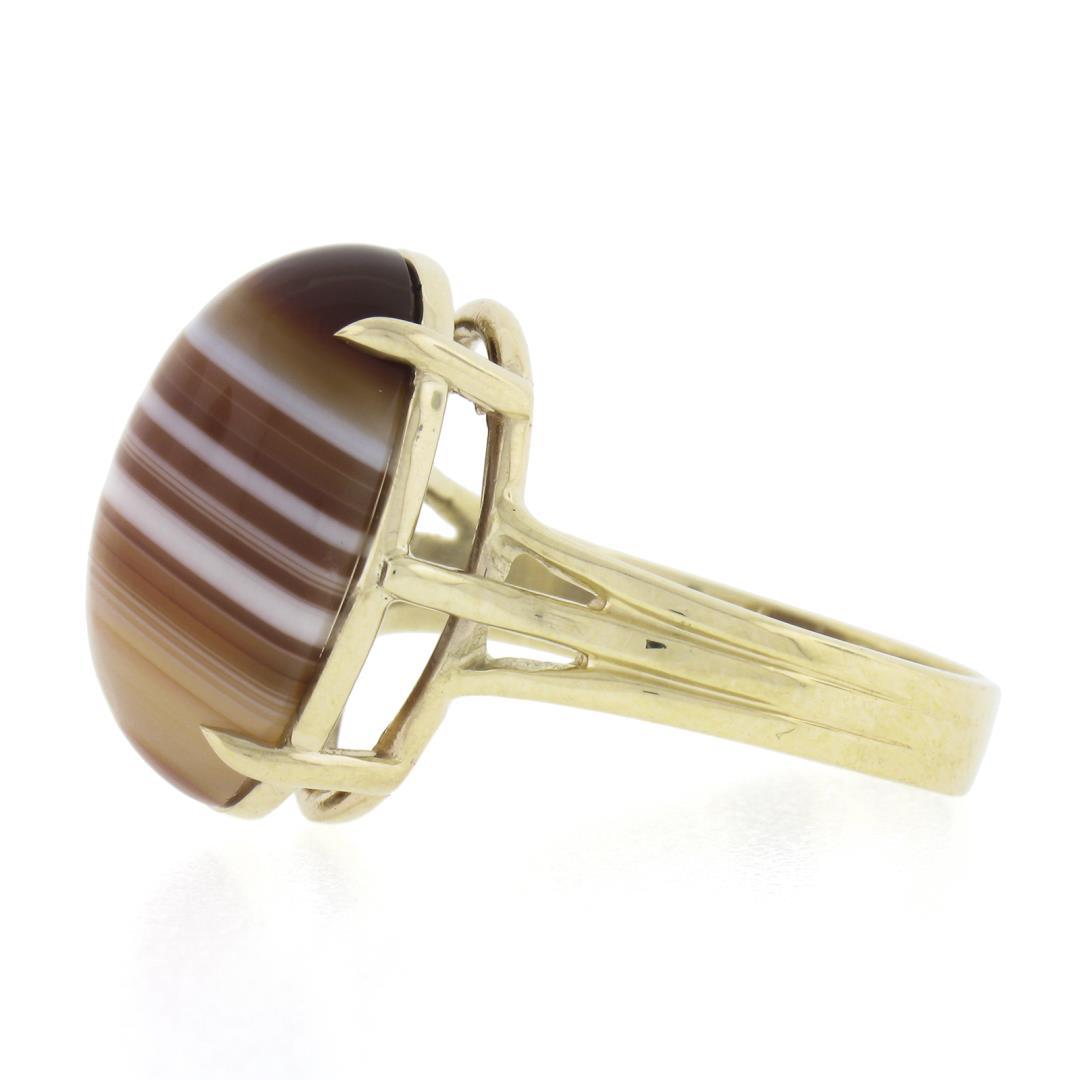 New 14k Yellow Gold 17x13mm Oval Cabochon Brown Banded Agate Solitaire Ring