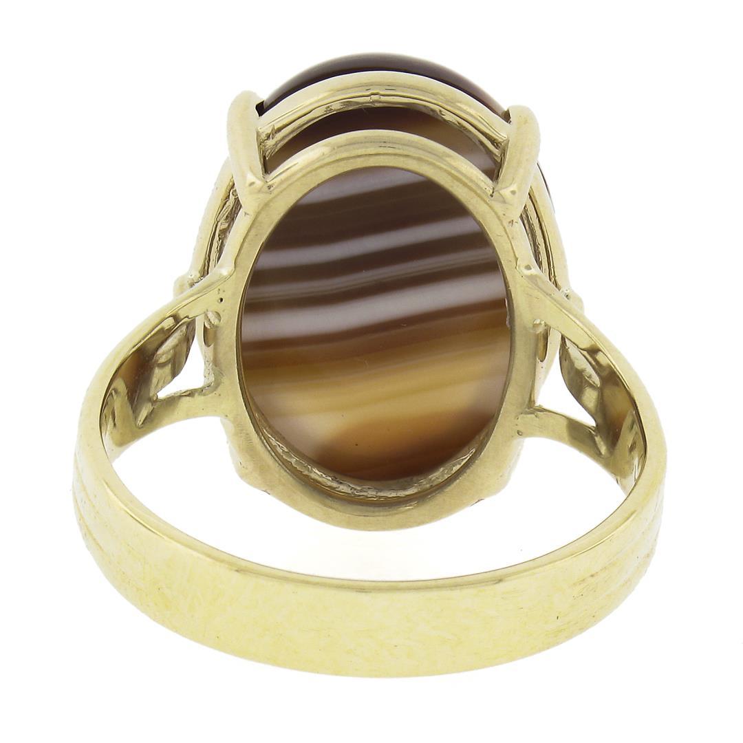 New 14k Yellow Gold 17x13mm Oval Cabochon Brown Banded Agate Solitaire Ring