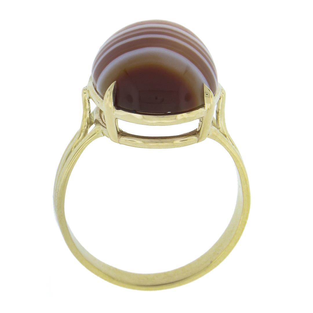 New 14k Yellow Gold 17x13mm Oval Cabochon Brown Banded Agate Solitaire Ring
