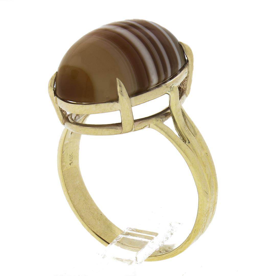 New 14k Yellow Gold 17x13mm Oval Cabochon Brown Banded Agate Solitaire Ring