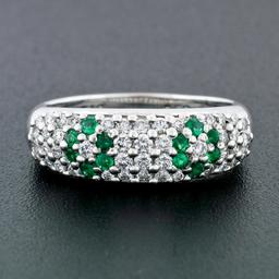Fancy 18K White Gold 0.68 ctw Emerald Diamond Dome Bombe Flower Cluster Band Rin