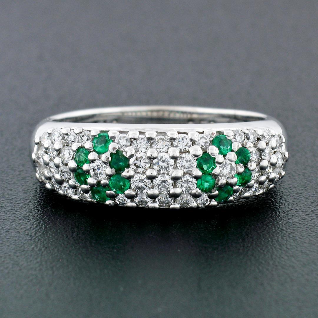 Fancy 18K White Gold 0.68 ctw Emerald Diamond Dome Bombe Flower Cluster Band Rin