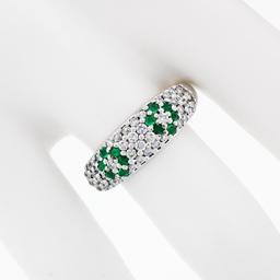 Fancy 18K White Gold 0.68 ctw Emerald Diamond Dome Bombe Flower Cluster Band Rin