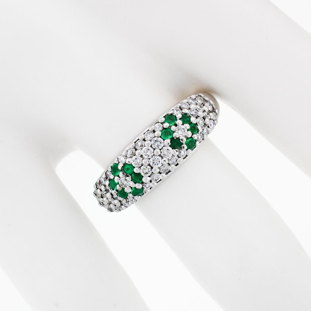 Fancy 18K White Gold 0.68 ctw Emerald Diamond Dome Bombe Flower Cluster Band Rin
