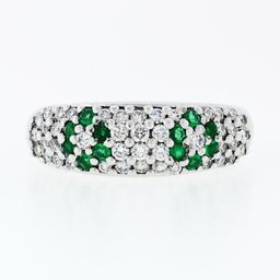 Fancy 18K White Gold 0.68 ctw Emerald Diamond Dome Bombe Flower Cluster Band Rin