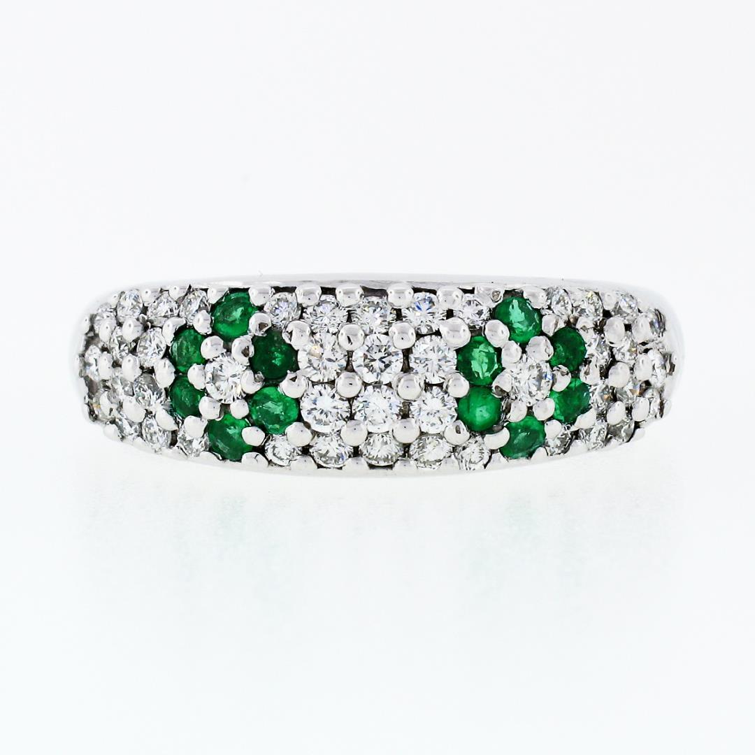 Fancy 18K White Gold 0.68 ctw Emerald Diamond Dome Bombe Flower Cluster Band Rin