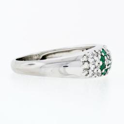 Fancy 18K White Gold 0.68 ctw Emerald Diamond Dome Bombe Flower Cluster Band Rin