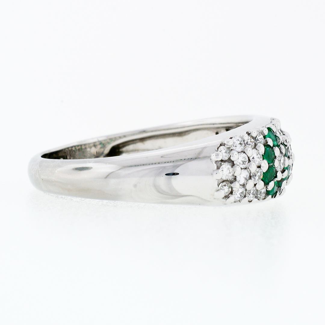 Fancy 18K White Gold 0.68 ctw Emerald Diamond Dome Bombe Flower Cluster Band Rin