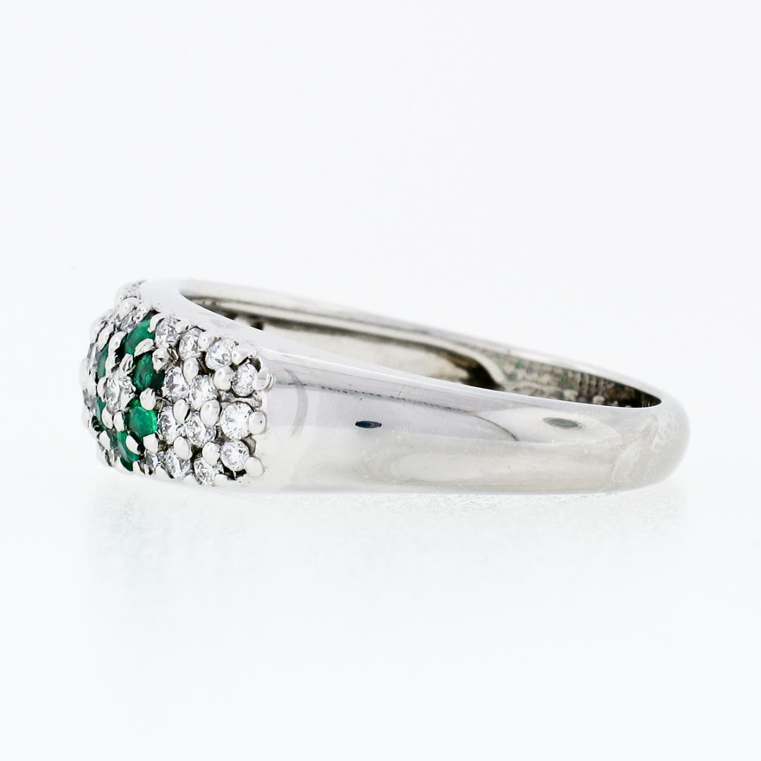 Fancy 18K White Gold 0.68 ctw Emerald Diamond Dome Bombe Flower Cluster Band Rin