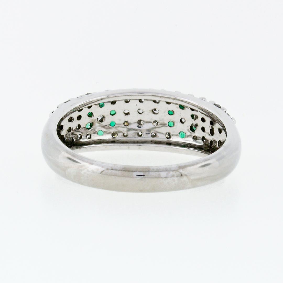 Fancy 18K White Gold 0.68 ctw Emerald Diamond Dome Bombe Flower Cluster Band Rin