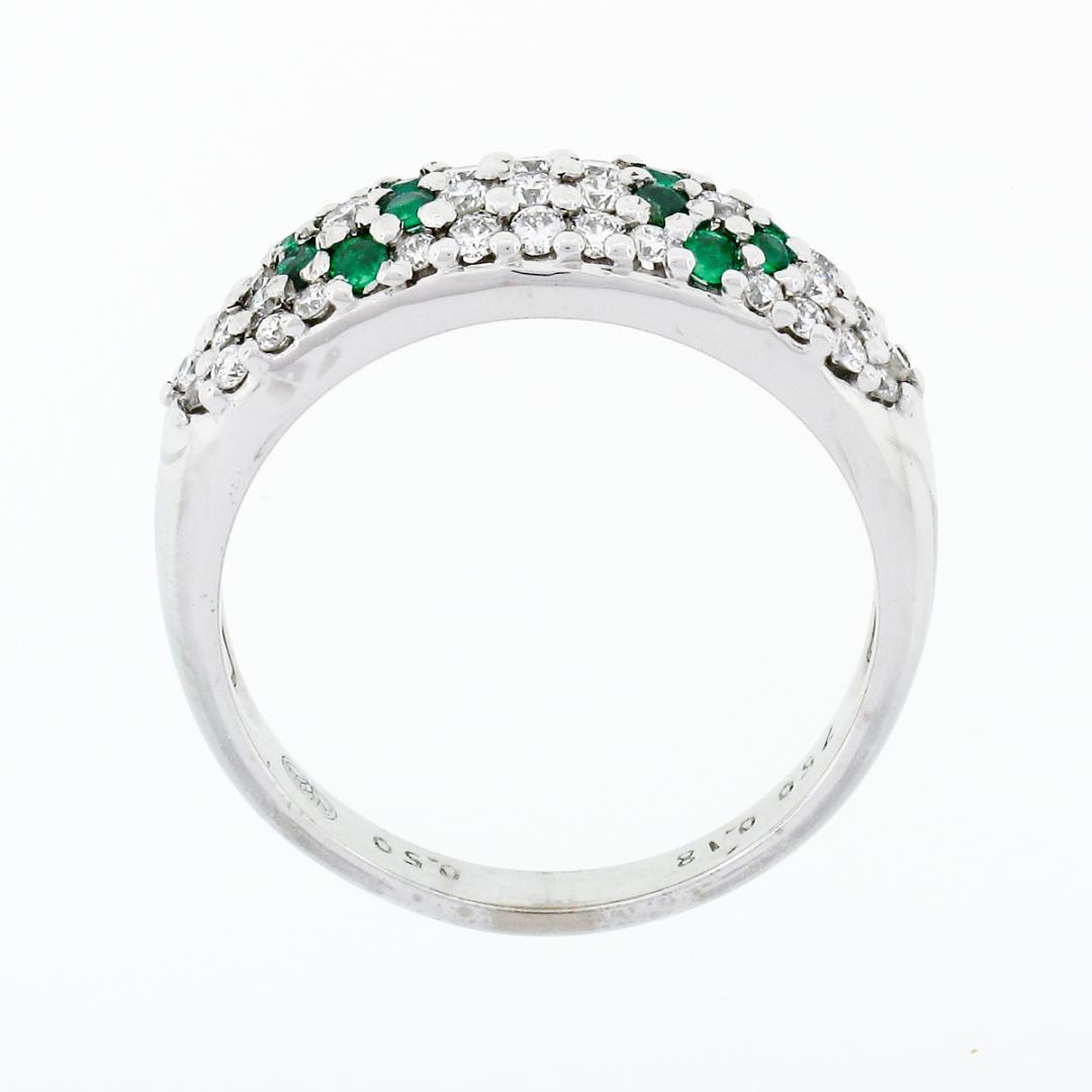 Fancy 18K White Gold 0.68 ctw Emerald Diamond Dome Bombe Flower Cluster Band Rin