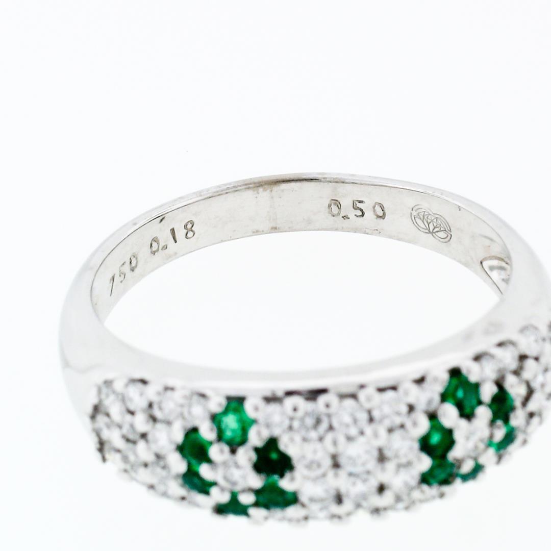 Fancy 18K White Gold 0.68 ctw Emerald Diamond Dome Bombe Flower Cluster Band Rin