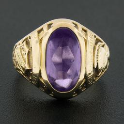 Collectible Antique 14k Yellow Gold Oval Bezel Set Amethyst Detailed Class Ring
