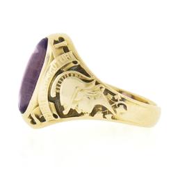 Collectible Antique 14k Yellow Gold Oval Bezel Set Amethyst Detailed Class Ring