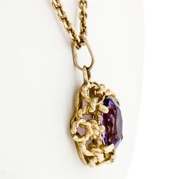 Vintage 14K Yellow Gold 1.75 ctw Oval Amethyst w/ Open Twisted Wire Frame Pendan