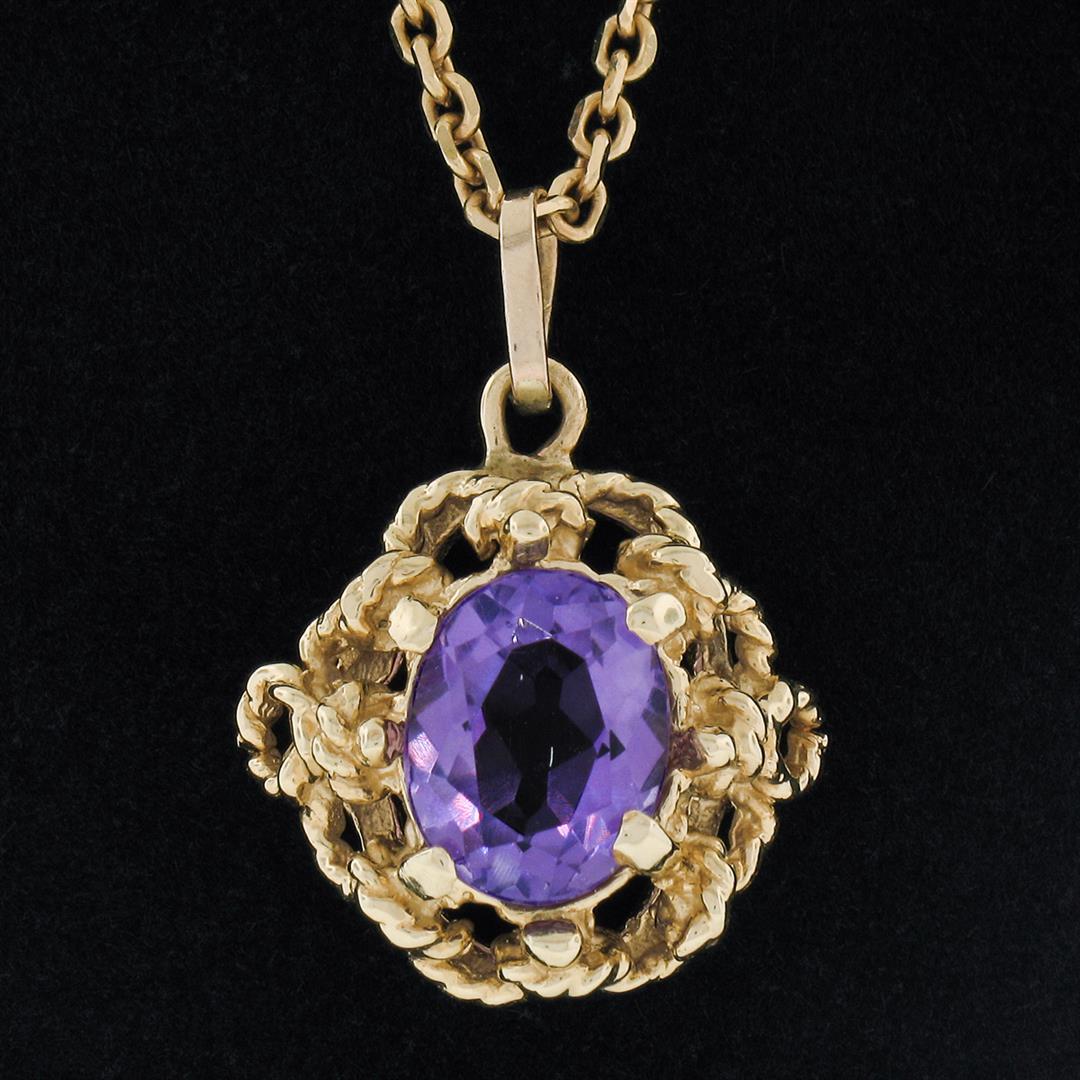 Vintage 14K Yellow Gold 1.75 ctw Oval Amethyst w/ Open Twisted Wire Frame Pendan
