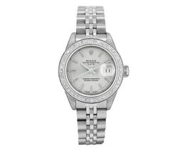 Rolex Ladies Stainless Steel Quickset Silver Index Diamond Bezel Date Watch With