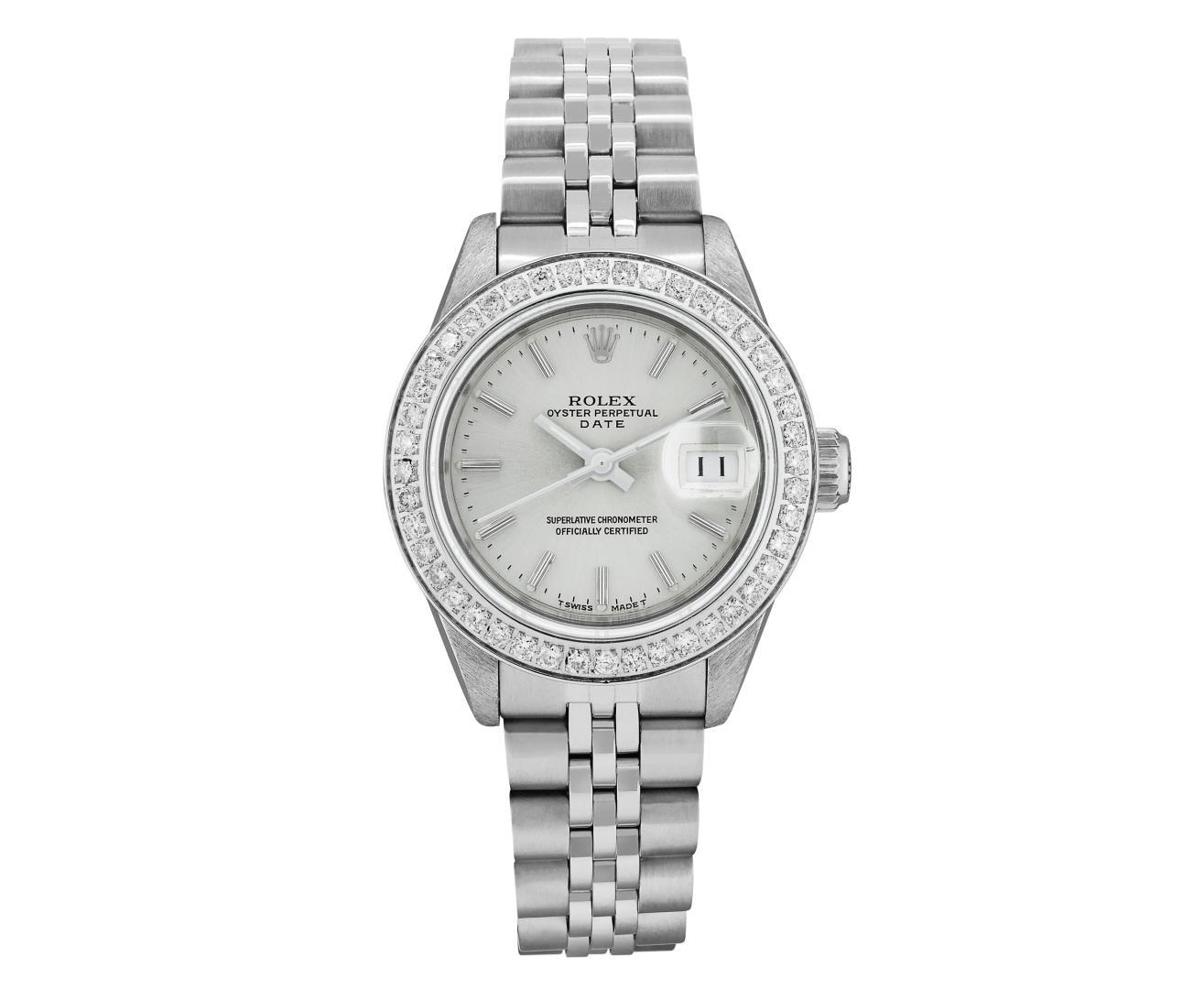 Rolex Ladies Stainless Steel Quickset Silver Index Diamond Bezel Date Watch With