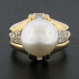 14K Yellow Gold Large 12.58mm South Sea Pearl Ring w/ Baguette & Round Diamonds