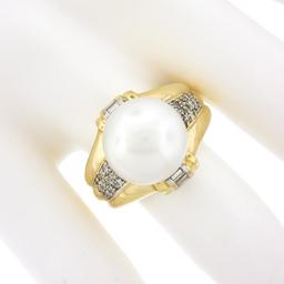 14K Yellow Gold Large 12.58mm South Sea Pearl Ring w/ Baguette & Round Diamonds