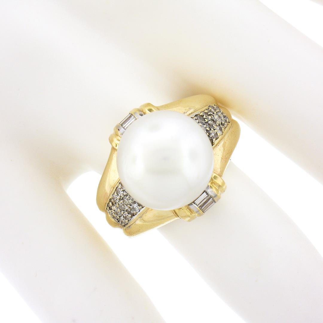 14K Yellow Gold Large 12.58mm South Sea Pearl Ring w/ Baguette & Round Diamonds