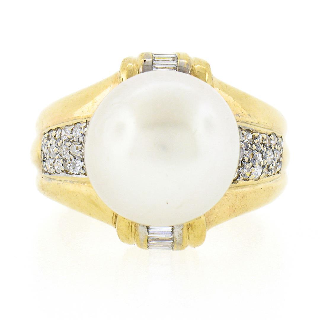 14K Yellow Gold Large 12.58mm South Sea Pearl Ring w/ Baguette & Round Diamonds