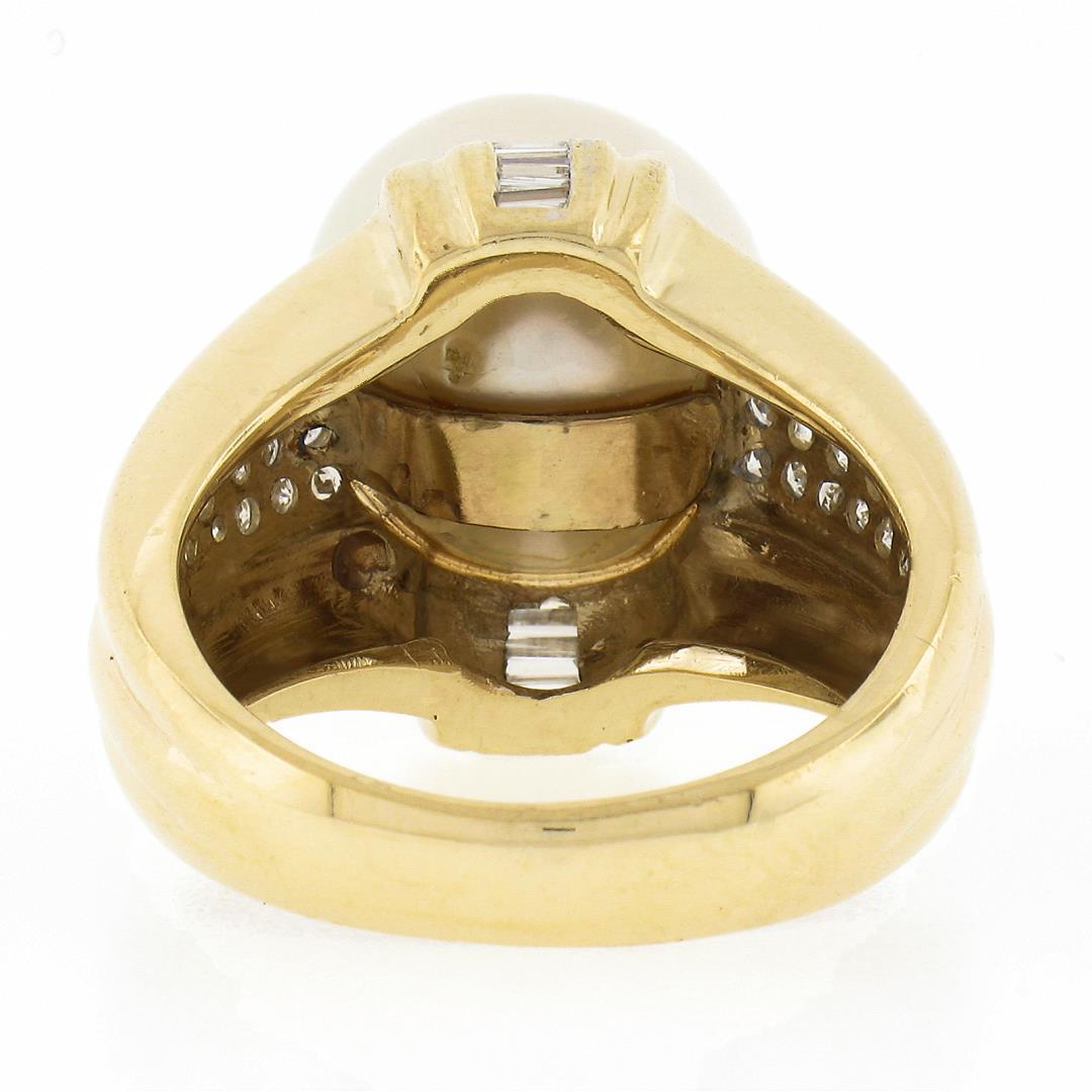 14K Yellow Gold Large 12.58mm South Sea Pearl Ring w/ Baguette & Round Diamonds