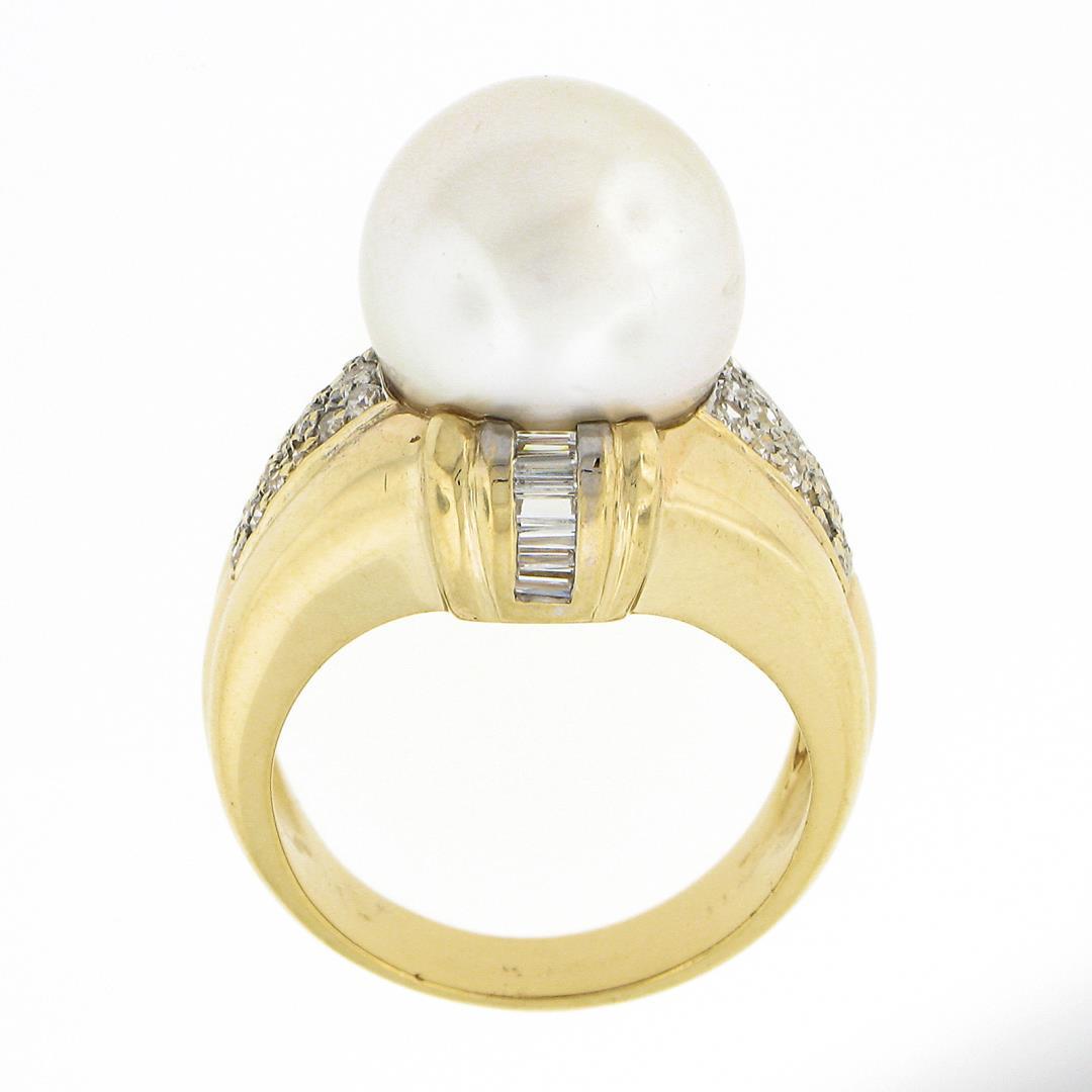 14K Yellow Gold Large 12.58mm South Sea Pearl Ring w/ Baguette & Round Diamonds