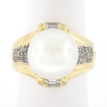14K Yellow Gold Large 12.58mm South Sea Pearl Ring w/ Baguette & Round Diamonds