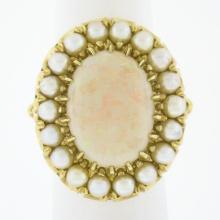 Vintage 14K Yellow Gold Oval Cabochon Opal Solitaire & Pearl Bead Cocktail Ring